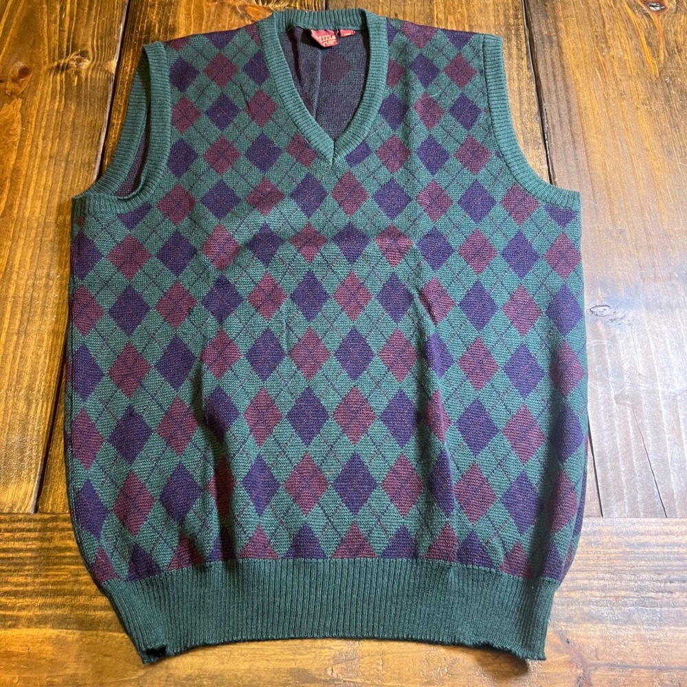 Nordstrom Mens Argyle Sweater Vest Green Purple 100% Merino Wool Made in Italy L